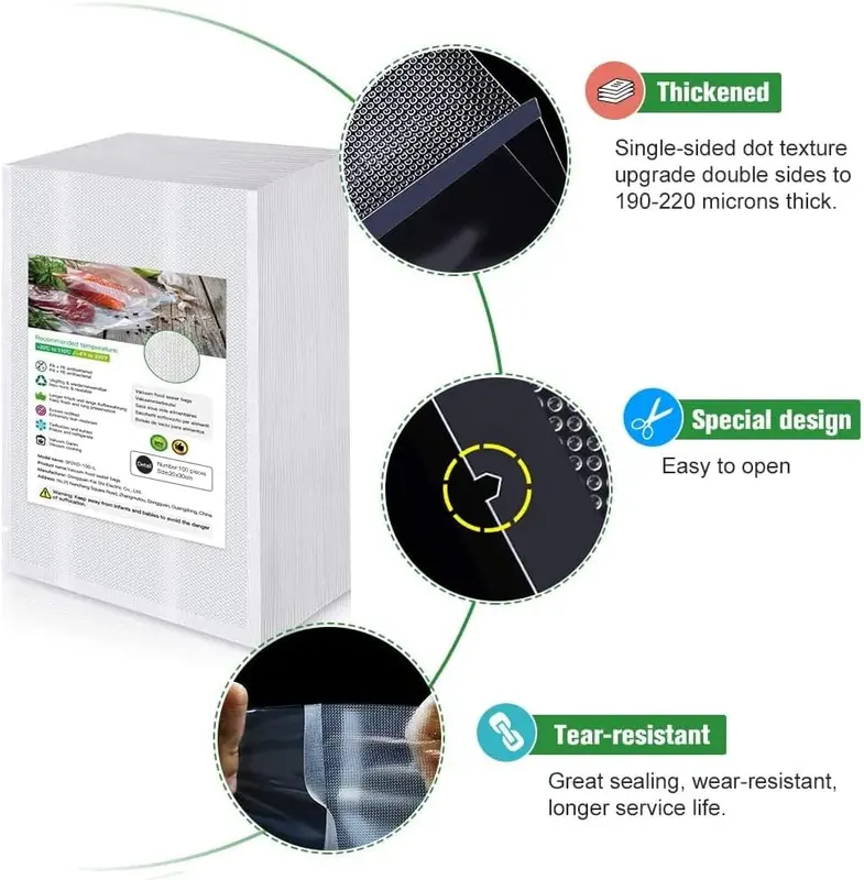 Food Sealer Bags 20X30cm 100 Bags Commercial Grade Textured Food Vacuum Sealer Bag Thick Embossed Bags Upgrade Design Pre-Cut Bag BPA Free for Food Storage Sous Vide Cooking 6