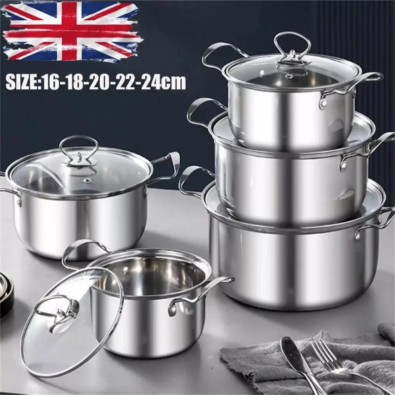 5Pcs Induction Non Stick Stainless Steel Cookware Cooking Pots Pan With Lids Set