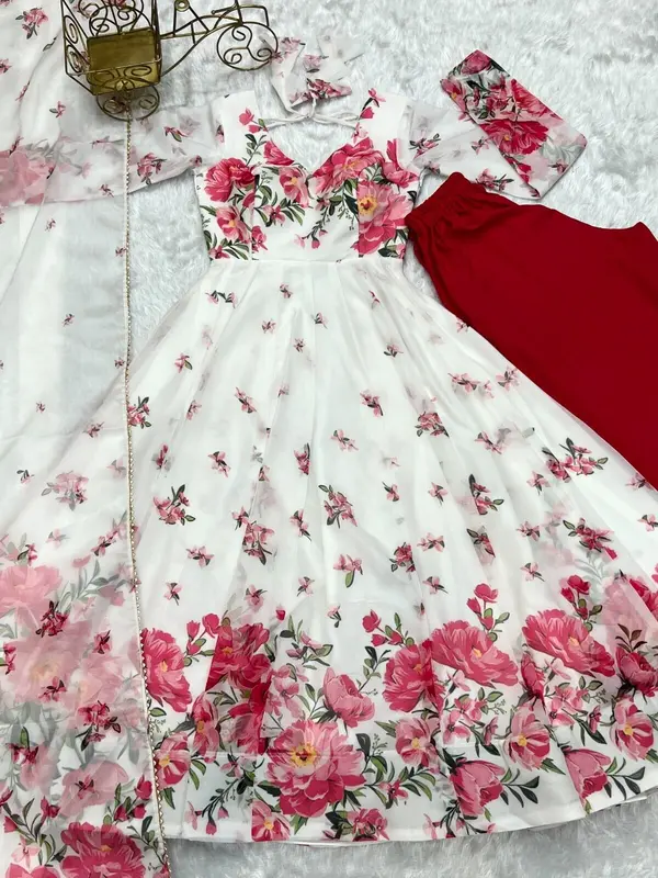 White Pink Flower Organza Printed Anarkali Dress & Dupatta Set 4