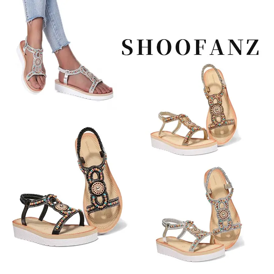 SHOOFANZ Women's Summer Sandals Comfortable Casual Sandals For Women Bohemian Round Toe Flat Sandals Fashion Beaded Sandals Ladies Beach Holiday Sandals