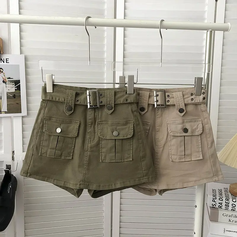 (ships from UK)Women's Solid Color Pockets Belt Decor Shorts (Size 6-14) 2