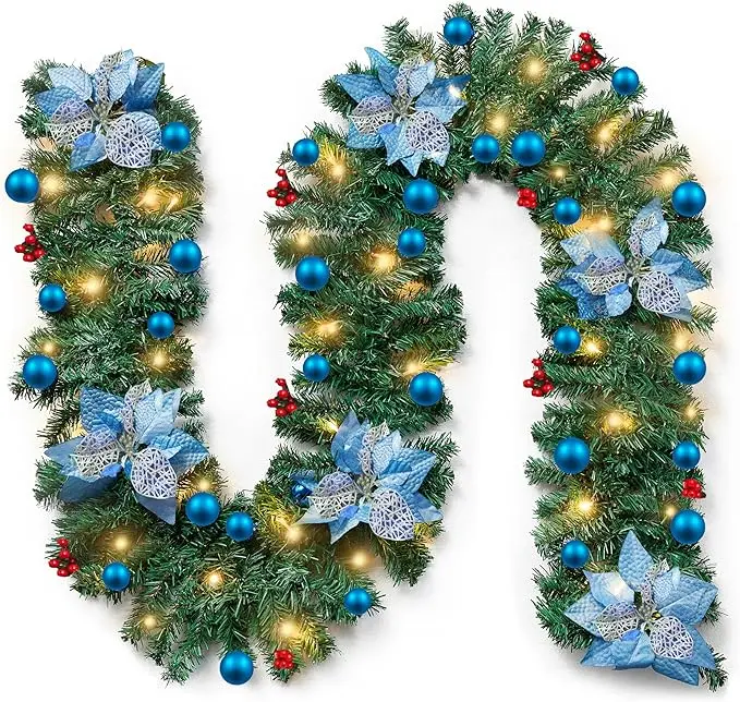 Blue Colour 9FT Christmas Garland with Lights, 270cm Artificial Christmas Garland, Battery Operated Garland with 30LED Lights Xmas Tree