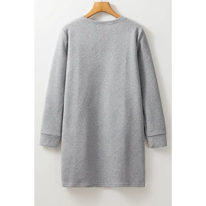 Gray Solid Color Textured Long Sleeve Shift Dress 7