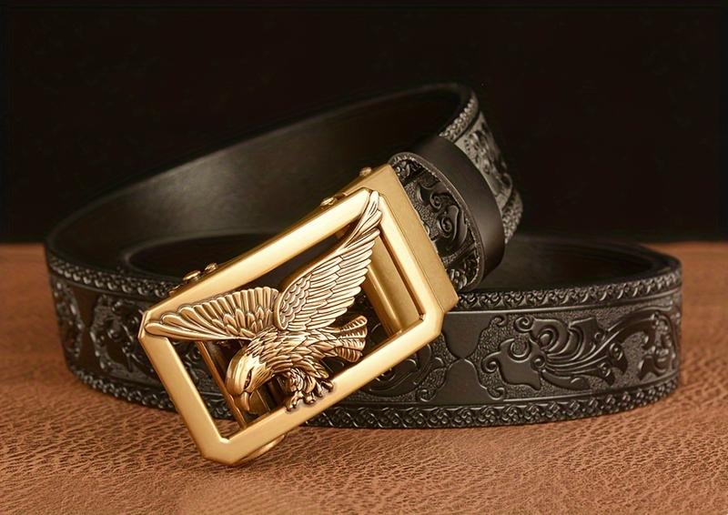 Product Introduction of 1PC Carved Cowhide Men's Autobuckle Belt, Vintage Style, Suitable for Casual & Business Wear, Great Gift for Husband and Father 8