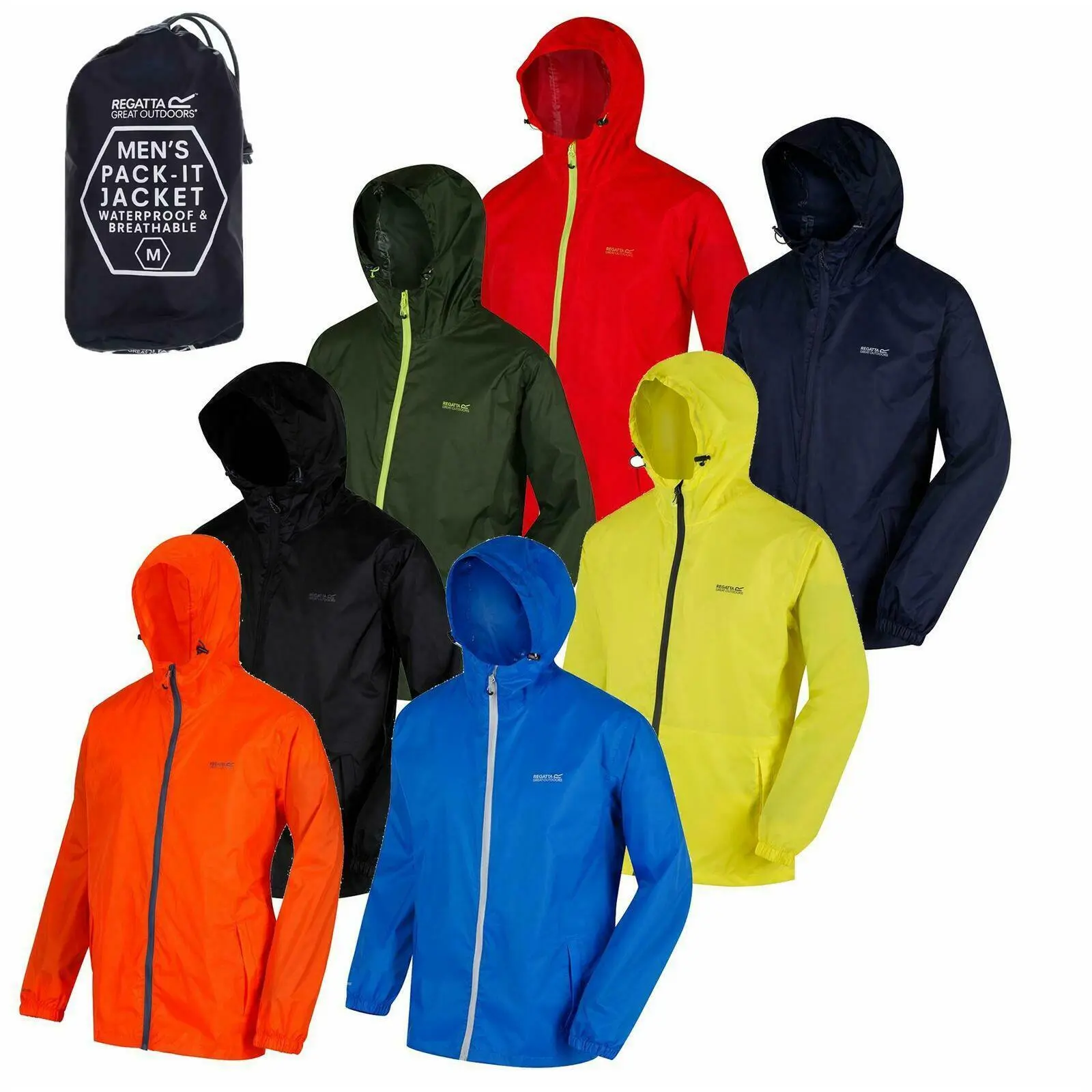 Regatta Men's Pack It Jacket Waterproof Rain Coat Lightweight Windbreaker Jacket Packable Full Zip Mens Hooded Coat Outdoor Breathable Menswear Tops Fabric Pockets jackets