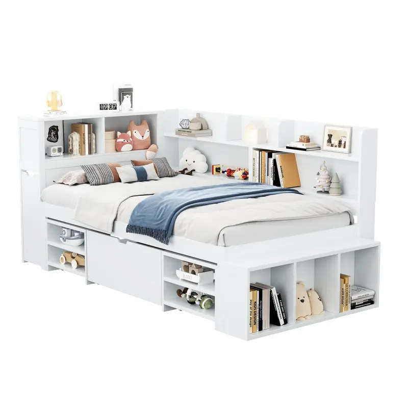 Children's bed, Single Bed-3ft(90*190cm), single bed, multifunctional children's bed with drawers, bookcase and storage cupboard, large storage space, slatted frame, without mattress, white 7