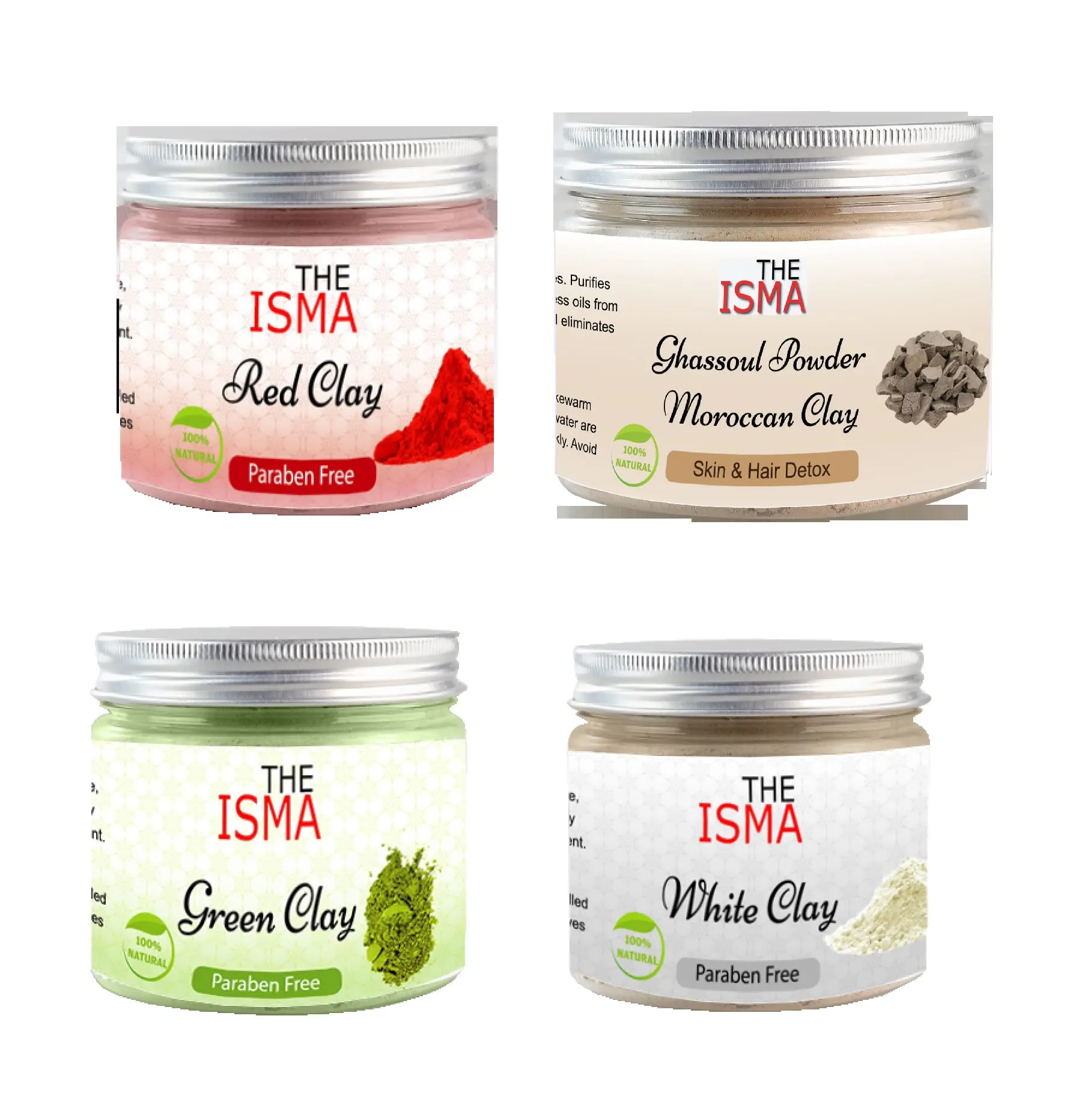 THE ISMA, Moroccan Clays Ghassoul Powder, Green Clay, Red Clay and White Clay of Size 200g Jar Packging for Cleansing Facial and Hair mask