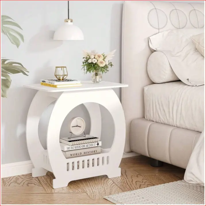 White Living Room End Tables with Storage Shelf Basket for Small Spaces