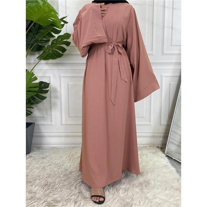 Arabic Clothing-Women's Solid Long Sleeve Round Neck Maxi Arabian Dress with Belt, Asian Suits Eid, Dresses for Women, Closed Abaya, Lady Loose Abayas, Kaftan Long Dress for Spring Summer Fall 1