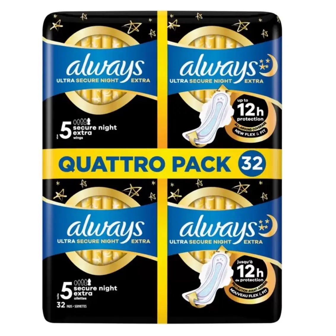 Always Ultra Night Size 5 Sanitary Towels Pads Quattro Packs with wings, 32 Pads - Comfort Protection Period Sensitive