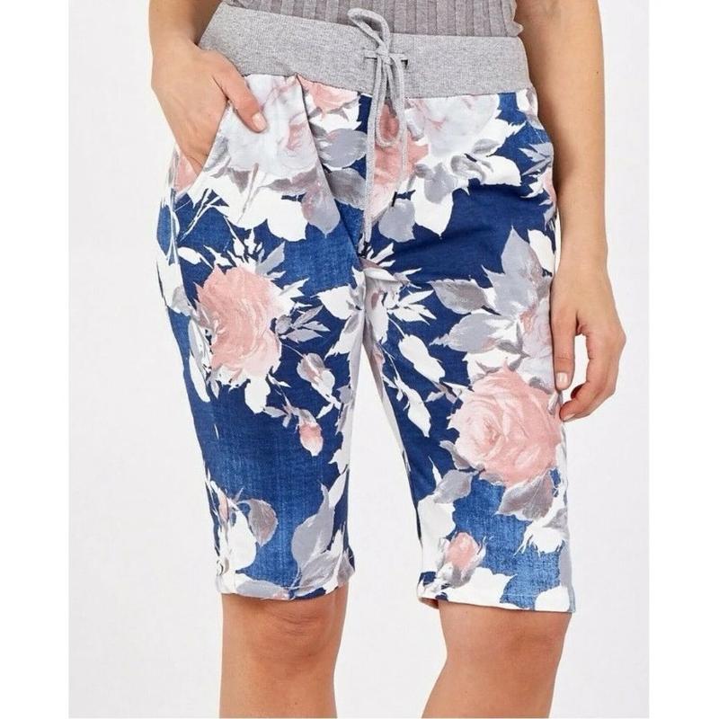 Women Summer Shorts Floral Print Italians Magic Turn Up Cotton Drawstrings Cotton Shorts pockets 8-22 Womenswear Comfortable Bottom 7