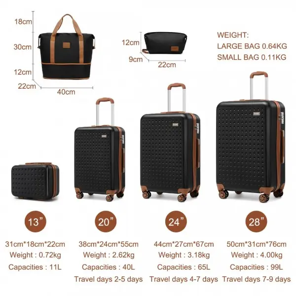 Kono 6 Piece ABS Travel Set with Hard Shell Suitcase Vanity Case Weekend Bag and Toiletry Bag suitcase bundle unbreakable tsa lock lugg 3