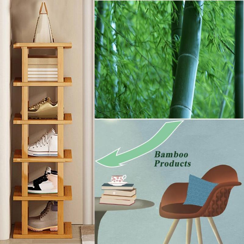 6 Tier Vertical Shoe Rack Tall Narrow Shelf Storage Organizer Slim Shoe Tower UK Bamboo Metal 6