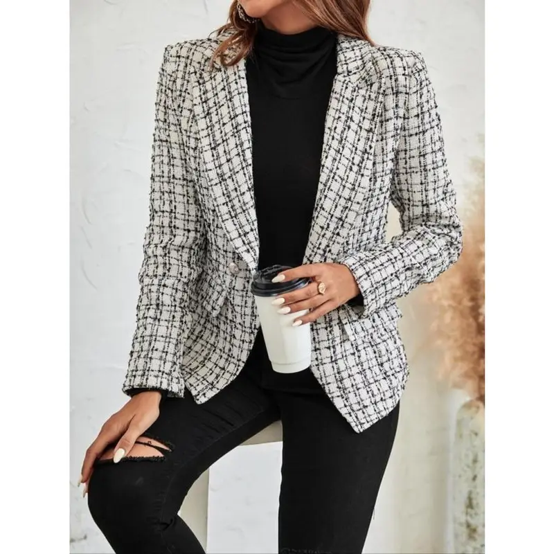 Women's Plaid Print Double Button Lapel Blazer, Casual Long Sleeve Outerwear for Fall & Winter, Ladies Clothes for Work Office Business 6