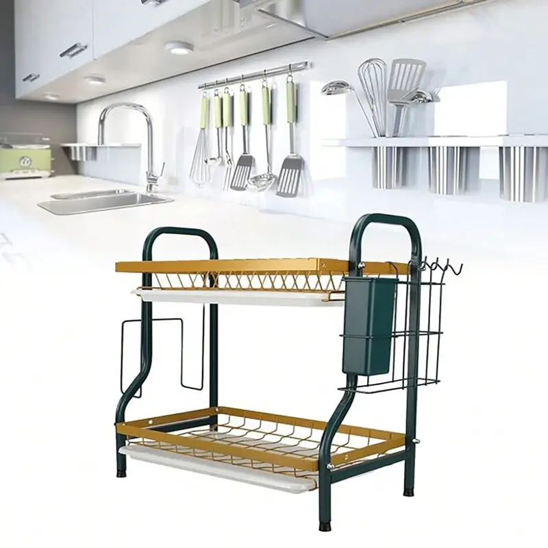 MILAN GOLD  2 Tier Dish Drainer Rack,Stainless Steel Dish Drying Rack,Kitchen Organizer Storage Shelf With Drainboard,Cutlery Holder,Cutting Board Holder,Knife Cup Utensil Holder 5
