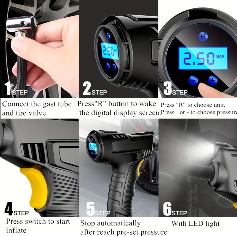 Portable Car Tyre Inflator, Air Compressor, Digital Handheld Electric Pump, LED Light, 3 Nozzle Adaptors, for Car, Motorcycle, Bicycle, Inflatables, DC 12V 6