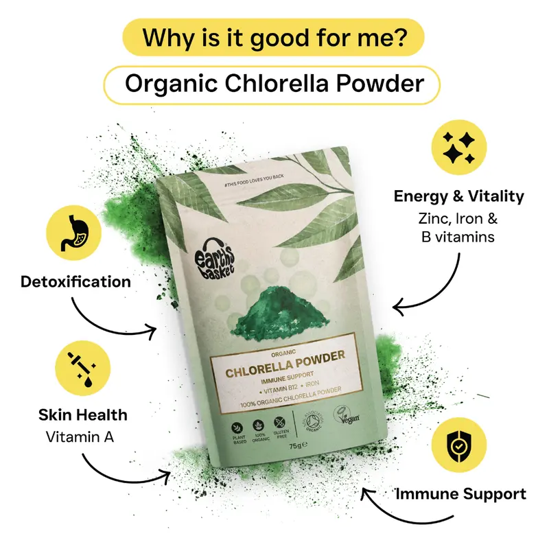 Earths Basket Organic Chlorella Powder 75g, Broken Cell Wall, Immunity Support Healthcare Edible Supplement Dietary Fitness Health Optimum 2