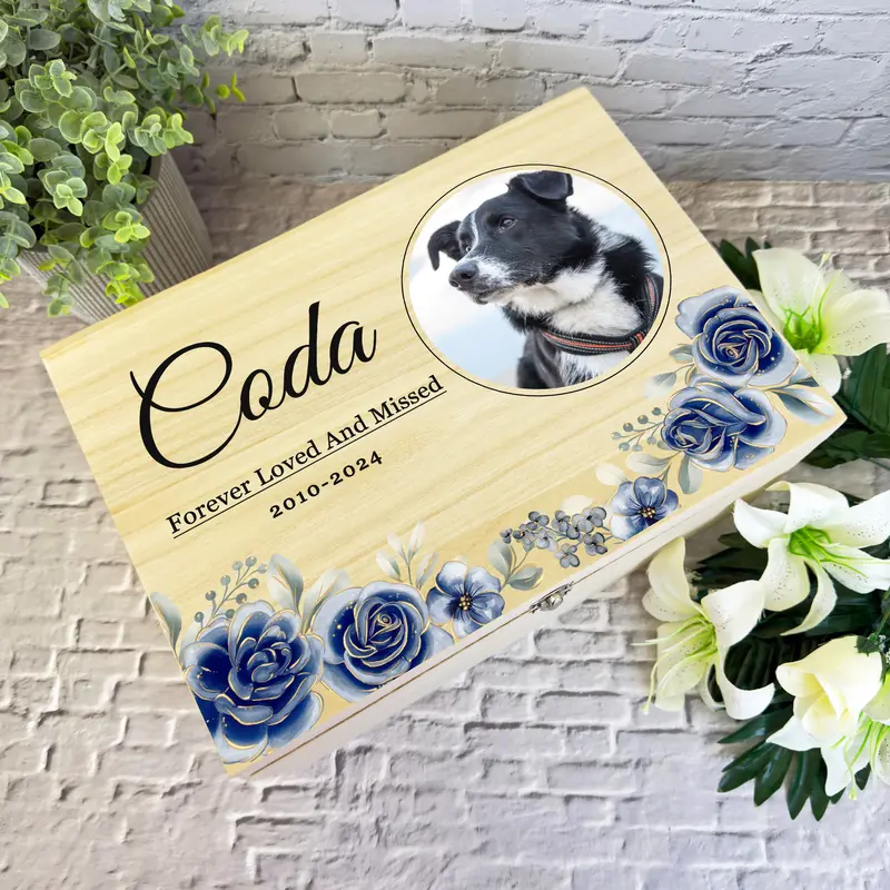 Blue Pet Dog Cat Horse Round Photo Pet Memorial Personalised Wooden Keepsake Box - Memory Storage Box - Memorial Wooden Memory Boxes 1
