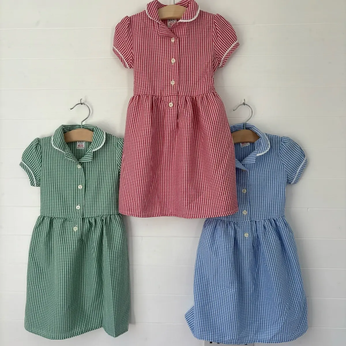 Girls Gingham Summer Dress School Uniform Kids Childrens Short Sleeve Spring Check Red Green Blue Outfit Collared Smart Button Up Traditional Primary Toddler
