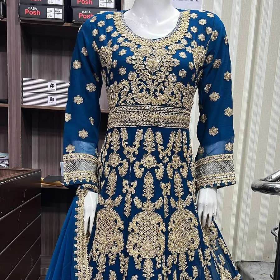 Heavy embroidered long maxi dress chiffon fabric