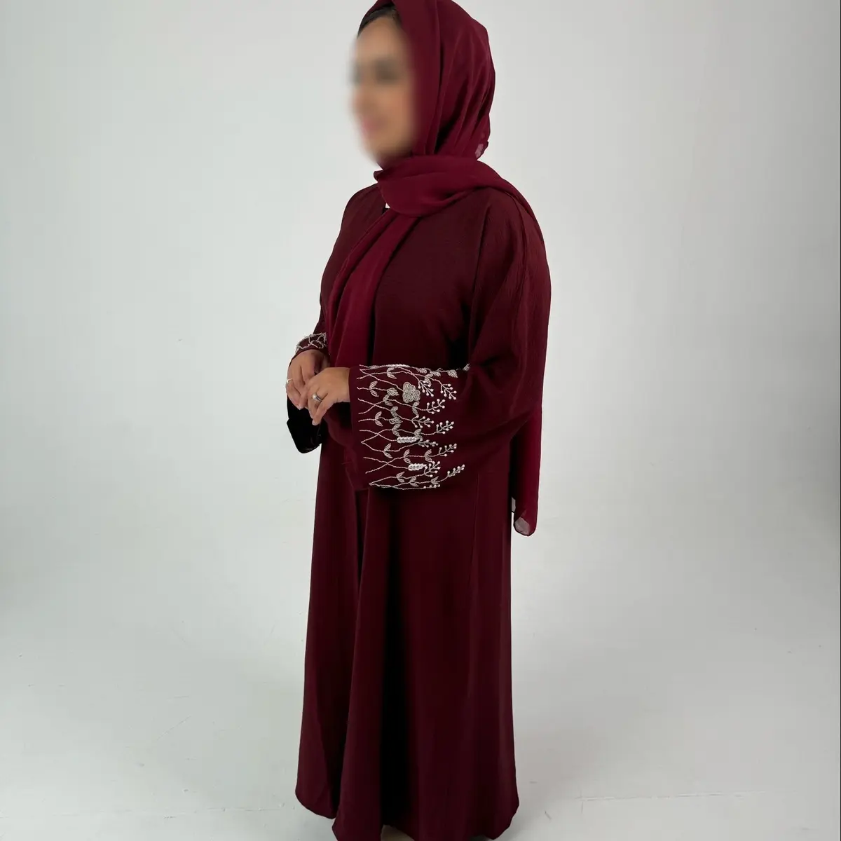 Abaya Design with White Beadwork in Red Color