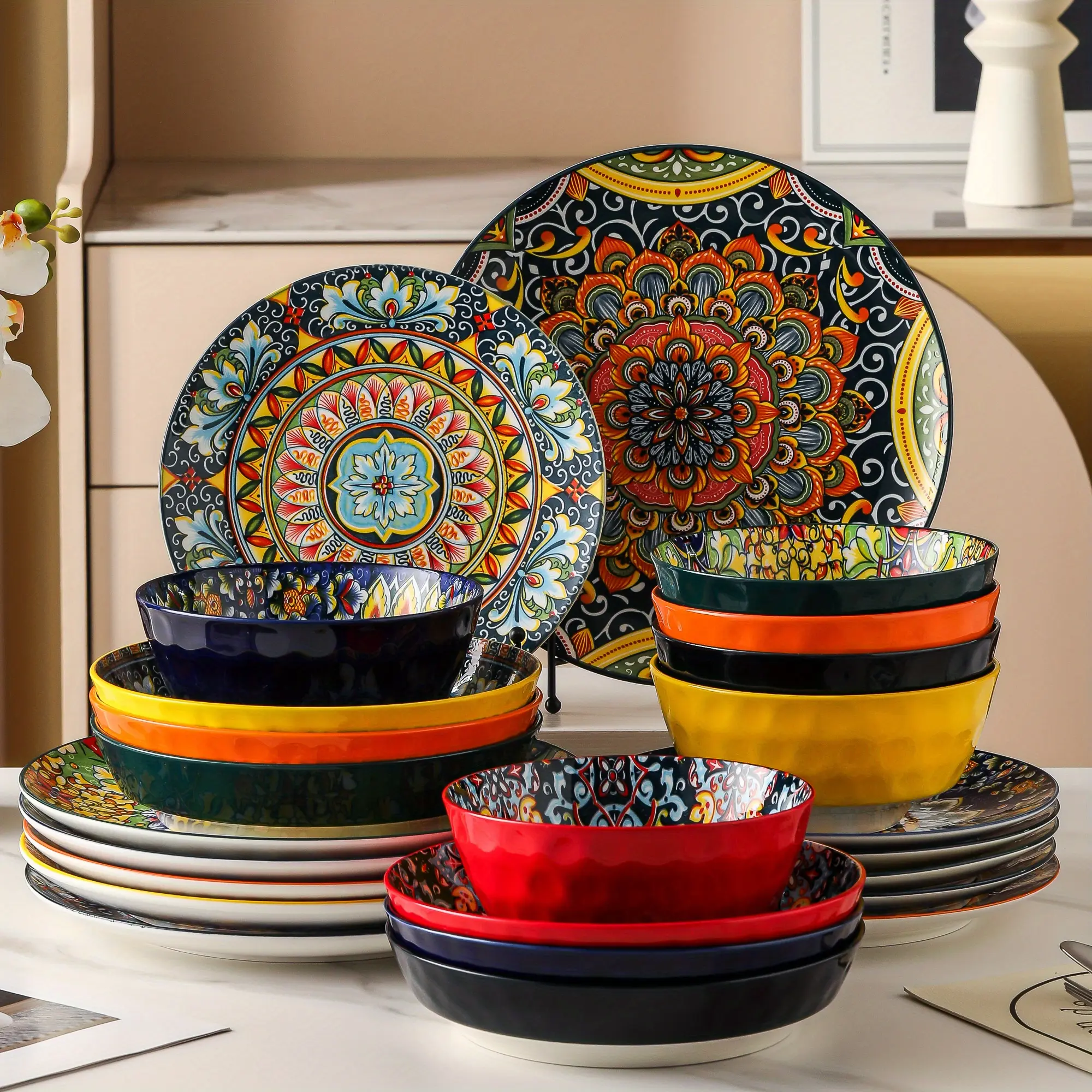24 Piece Stoneware Bohemian Style Dinnerware Set With Dinner/Dessert Plate/Cereal/Pasta Bowl