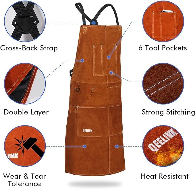 Leather Woodwork Apron,  Heavy Duty Leather Apron with 6 Tool Pockets, Adjustable M to XXL Hand Retro 2