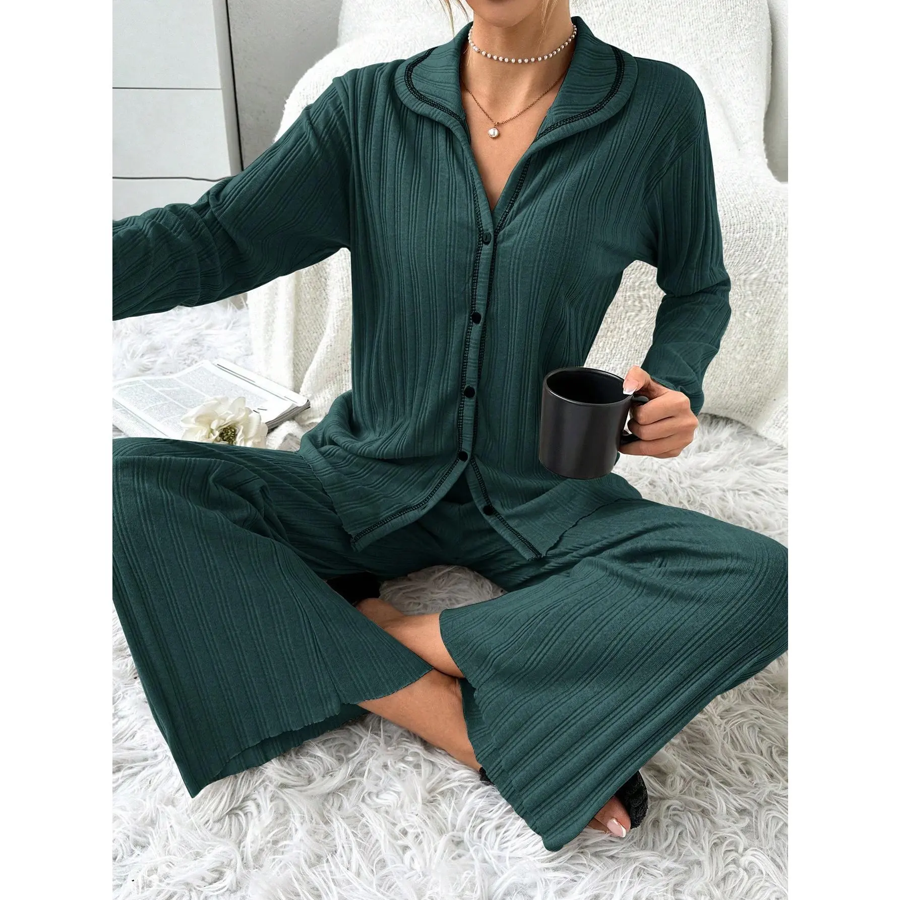 2pcs Long Sleeve Contrast Color Stitching Ribbed Pajama Set With Cardigan[S12]