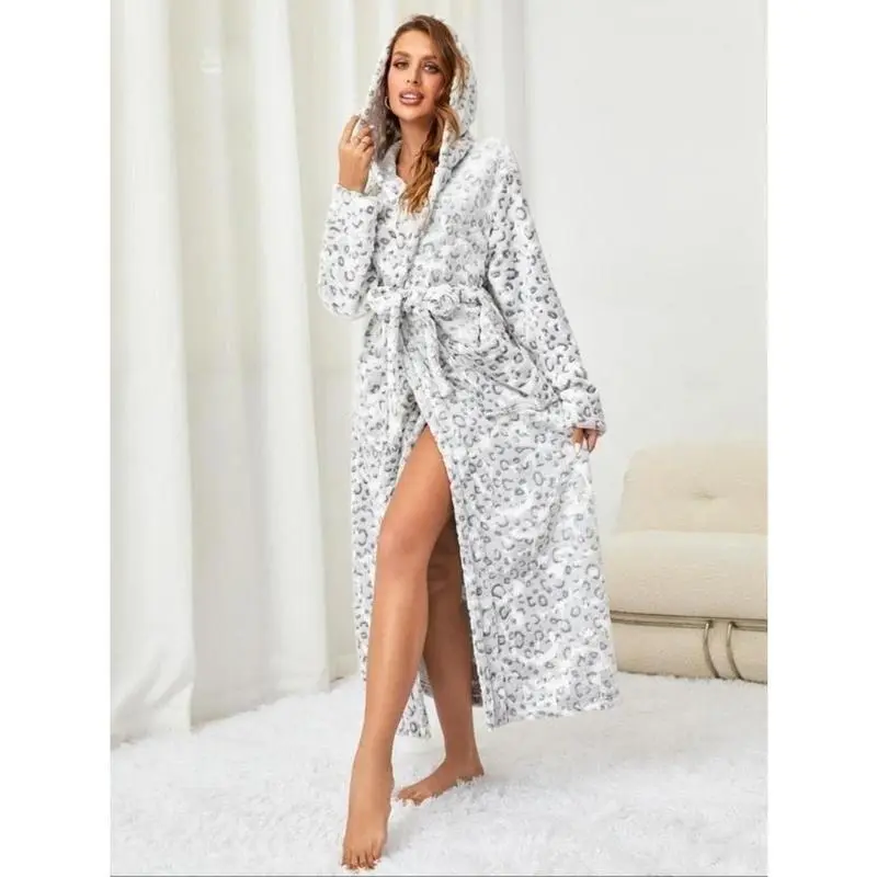 Women's Leopard Print Belted Hooded Flannel Lounge Robe, Casual Long Sleeve Pocket Design Bathrobe, Ladies Sleepwear for Fall & Winter 8