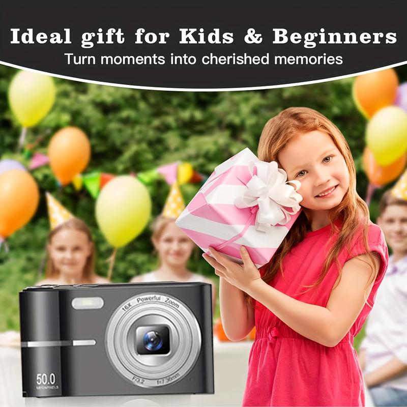 Product Introduction of Upgraded Digital Camera, Auto Focus 50 Megapixel FHD 1080P Kids Camera with 16x Zoom Anti-Shake, Compact Camera for Kids Students Children Girls Boys, Kids Camera with 32GB SD Card 5