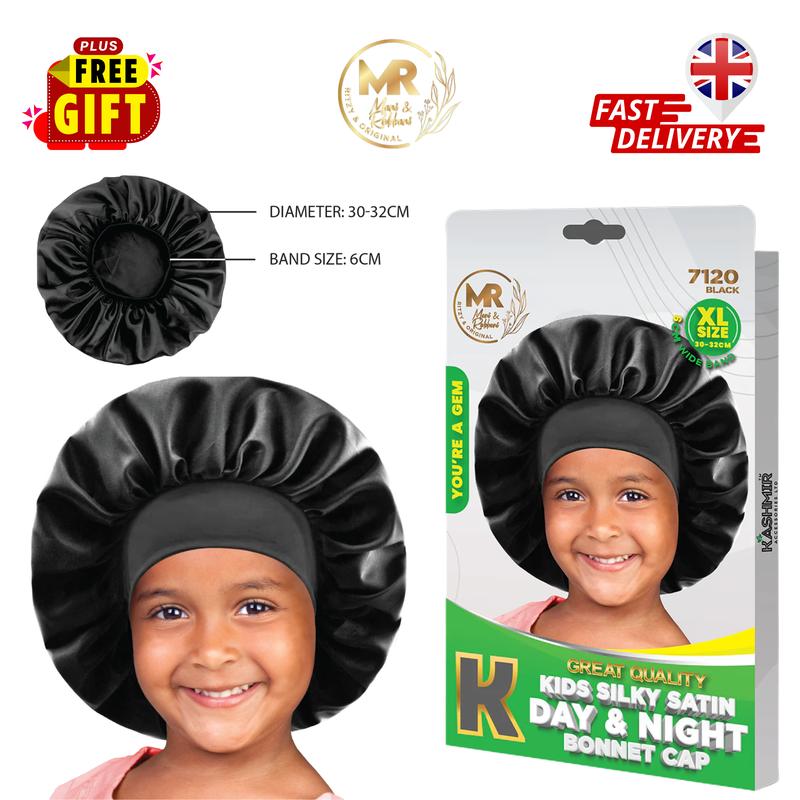 MR Great Quality Kids Silky Satin Day & Night Bonnet Cap Extra Large | Silk Satin Bonnet, Soft Sleep Cap, Hair Wrap for Sleeping, Bonnet Cap, Bonnet for Kids, Hat, Hair Care, Gifts, Comfortable Elastic Head Cover for Curly & All Hair Types Black - 7120 0