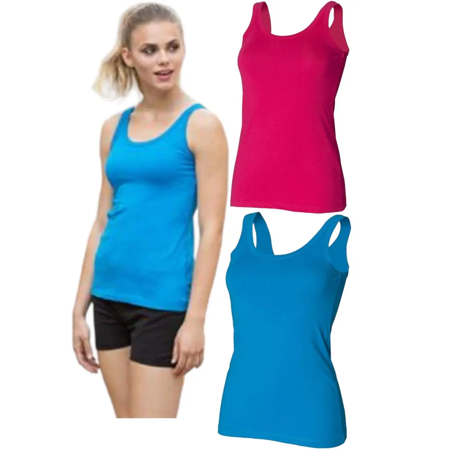 Ladies Blue Fuschia Cotton Rich Regular Fit Stretchy Tank Vest Sleeveless Tops
