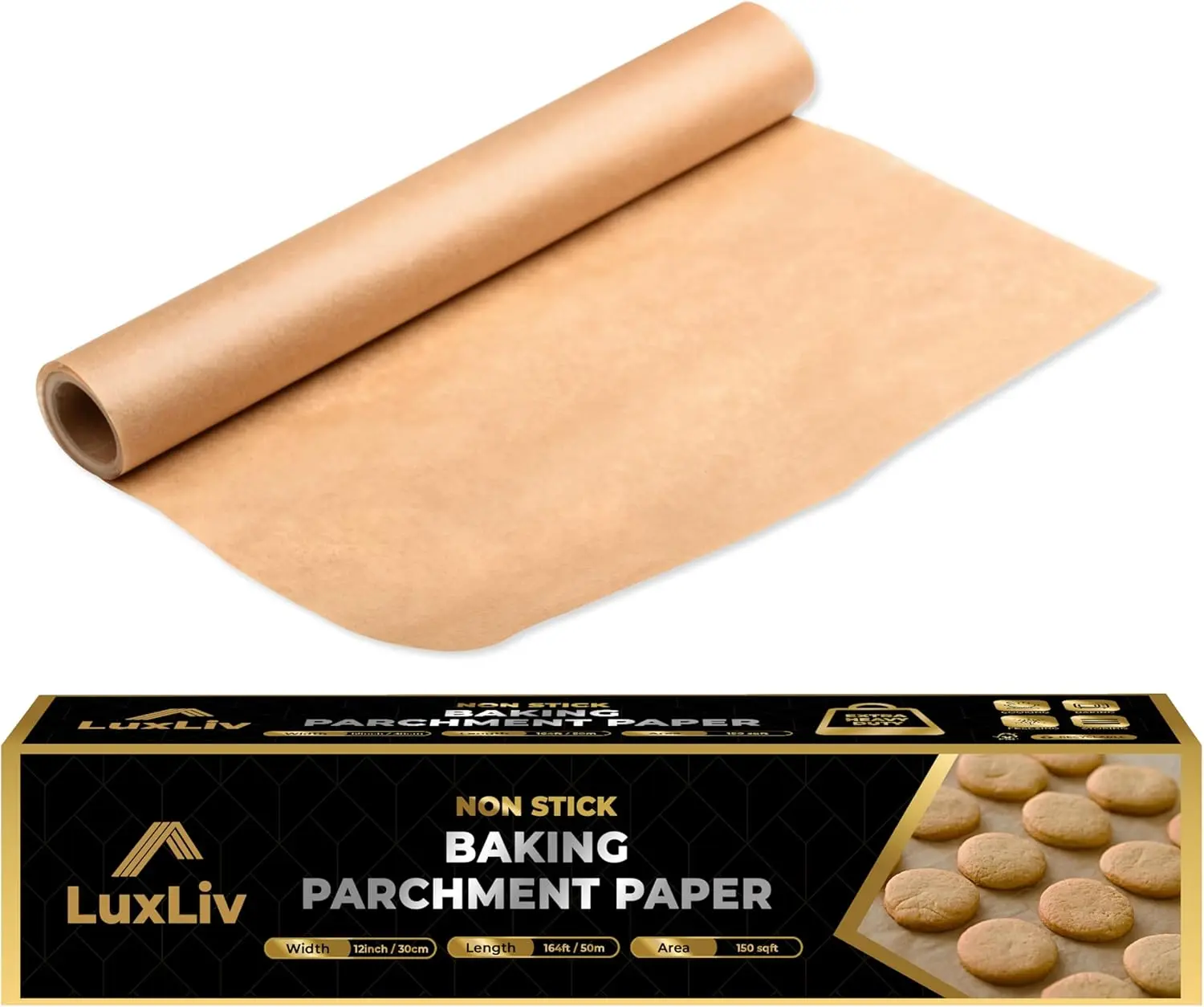 LuxLiv  30cm Wide, 50m Premium Heavy Duty Kitchen Baking Parchment Paper Roll Non-Stick Greaseproof Unbleached Brown - Extra Thick