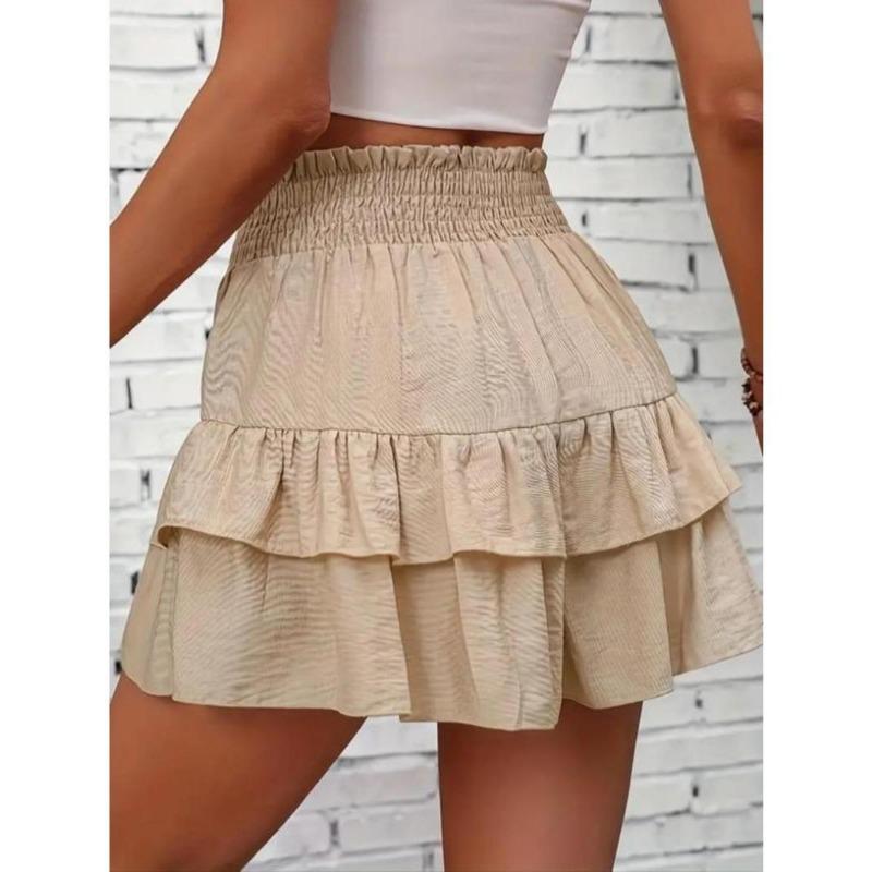 Women's Frill Trim Ruffle Hem Shirred High Waist Shorts, Boho Casual Tiered Layer Shorts for Spring & Summer, Summer Shorts for Women, Back To School, Ladies Elegance Minimalist Shorts, Wide Leg Shorts for Women, Ruffle Shorts 7