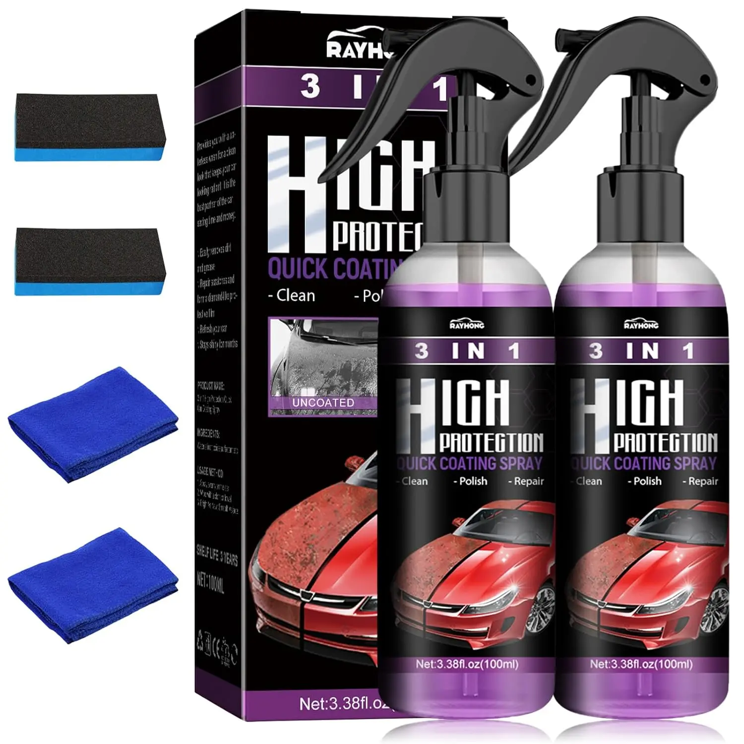 3 In 1 High Protection Quick Car Coating Spray,Ceramic Car Coating Spray Car Polish Quick Coat Car Wax Polish Spray for Cars, Car Ceramic Coating Agent (100ml, 2pcs)