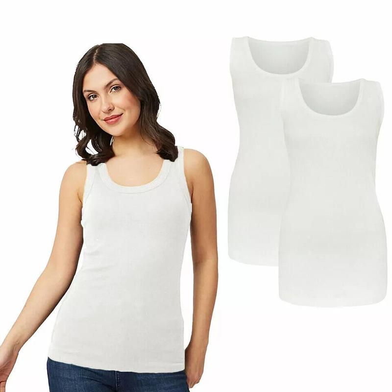 2 PACK LADIES VEST WOMENS COTTON STRETCHY RIBBED T SHIRT CAMI CASUAL TANK TOPS 5