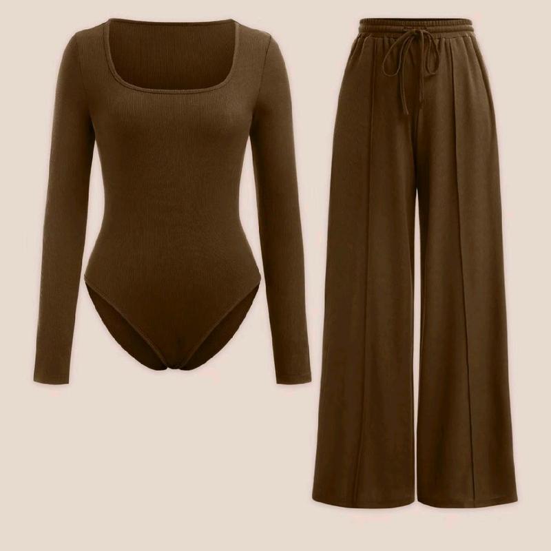 WOMENS LADIES 2 PIECE MATCHING SET CREW NECK BODYSUITS WIDE LEG TROUSERS PANTS PALAZZO SET LOUNGEWEAR LONGSLEEVES STRETCHY SOFT COMFY LADY ELASTICATED WAIST DRAWSTRING HIGH QUALITY COORD LOUNGESET COMFORT WOMENSWEAR OVERALL Basic Adjustable Comfortable 3