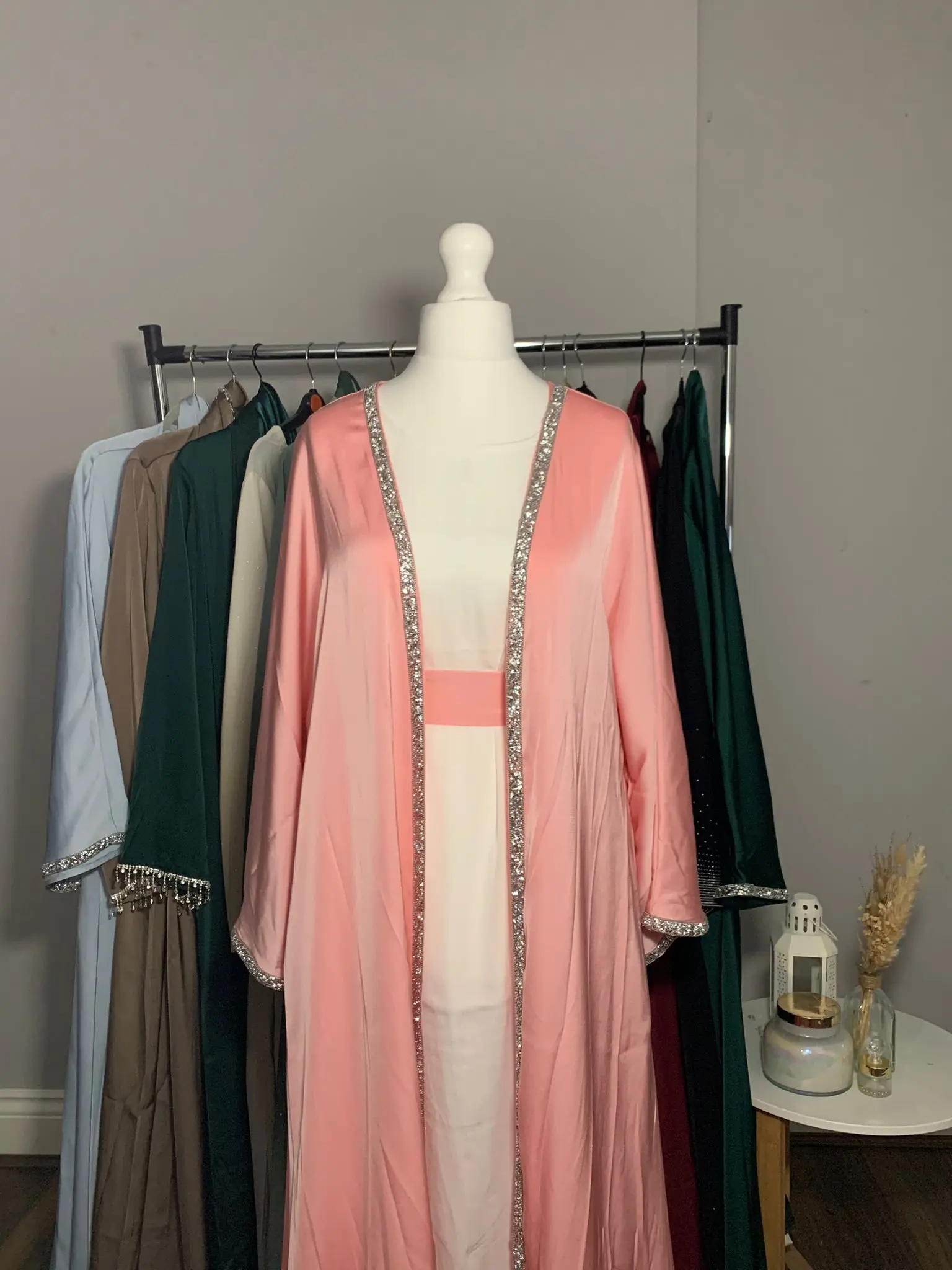 Crescent Modesty Layla Pink Open Abaya Set with Inner Abaya and Belt (3 PIECES)- Modest Fashion, Available in 52 - 60, Muslim Fashion Islamic Clothing