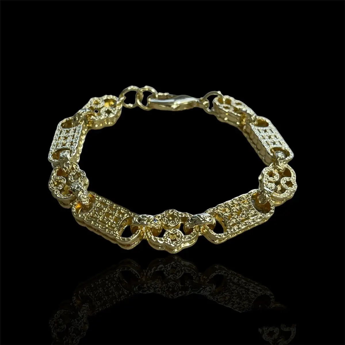 Gold and Silver Stars and Bars Bracelet Gold Plated and Stainless Steel Cuban Belcher chain
