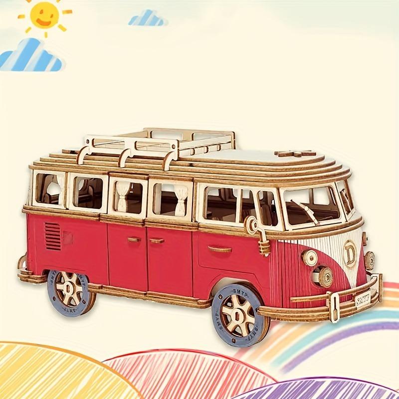 Blue And Red Wooden Puzzle Camping Car, Wooden Car Model, Assembled 3d Three-dimensional Building Block Toys, Educational Toys, Car Series Halloween, Christmas Gift 1