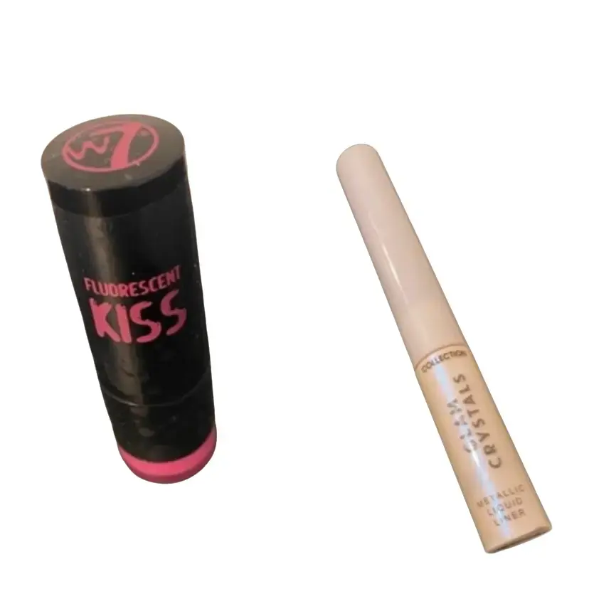 W7 Fluorescent Kiss Lipstick Summer Breeze & Collection Glam Crystal Metallic Liquid Liner Blue - Eyeliner & Lipliner Makeup Cosmetic