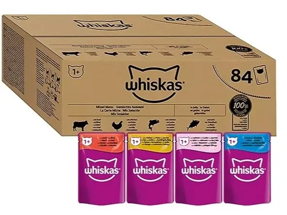 Whiskas 1+ Adult Mixed Selection in Jelly 84 Pouches, Adult Wet Cat Food, Megapack (84 x 85 g)