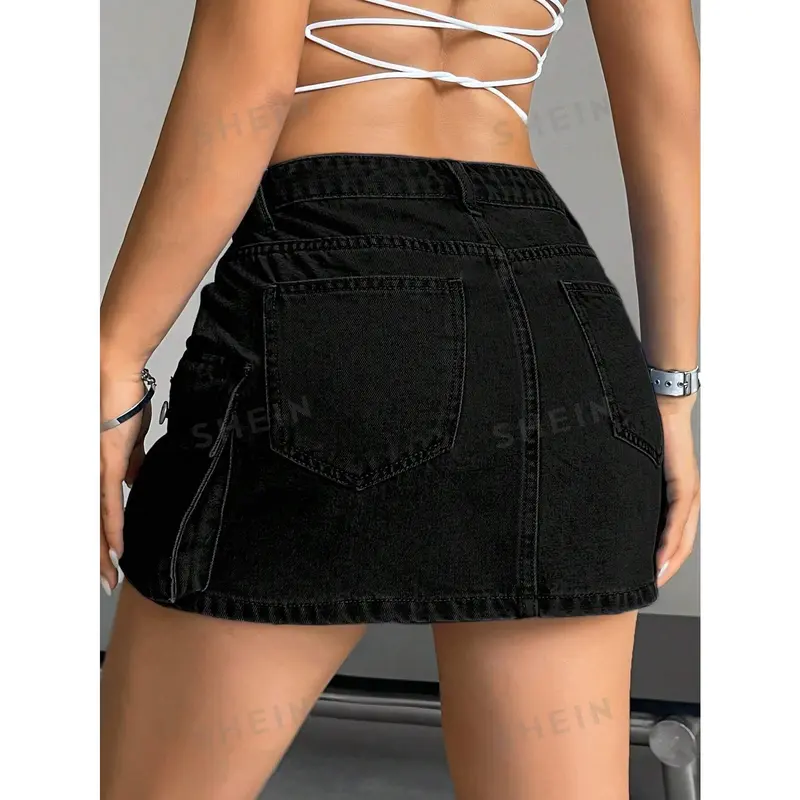 SHEIN EZwear Women's Summer Solid Color Cargo Denim Skirt 1