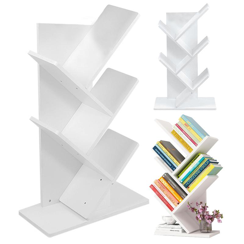 Lushhub Rustic 5/9-Shelf Standing Tree Bookshelf Wood Display Rack in White/Black/Brown - Compact and Space-Saving Book Storage 4