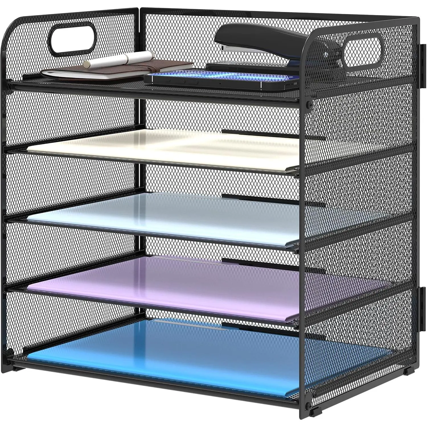 5 Trays Paper Organizer Letter Tray with Handle-Mesh Desk File Organizer, Paper Sorter Desk Organizer for Office, Home or School Desk Organizers