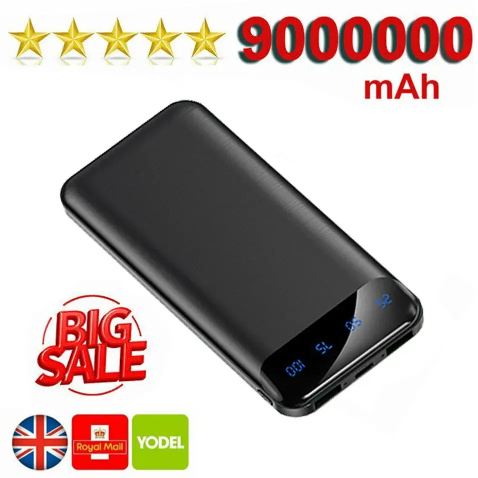 9000000mAh Power Bank Portable Fast Charger Battery Pack 2 USB for Mobile Phone Smartphone Accessories Compact Charging Chargeable