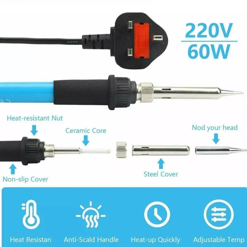 60W Electric Soldering Iron Kit Adjustable Temp Welding Solder Irons Tool 6