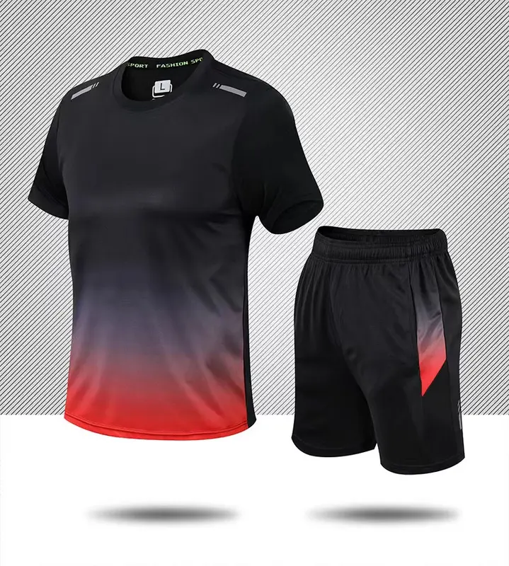 Casual Fitness Men's Ice Silk Quick-Drying Sportswear Suit Summer Short Sleeve Morning Running Feather Basketball Training Room Shorts 1