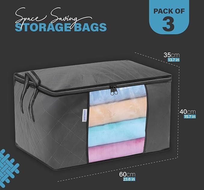 ACRALI HOME 90L Large Storage Bags with Zips- 3 Pack Foldable Clothes Storage Bag Organizer, Reinforced Handle and Transparent Window, Breathable Thick Fabric for Comforters, Blanket and Bedding- Grey Smooth Boxes Steel 2