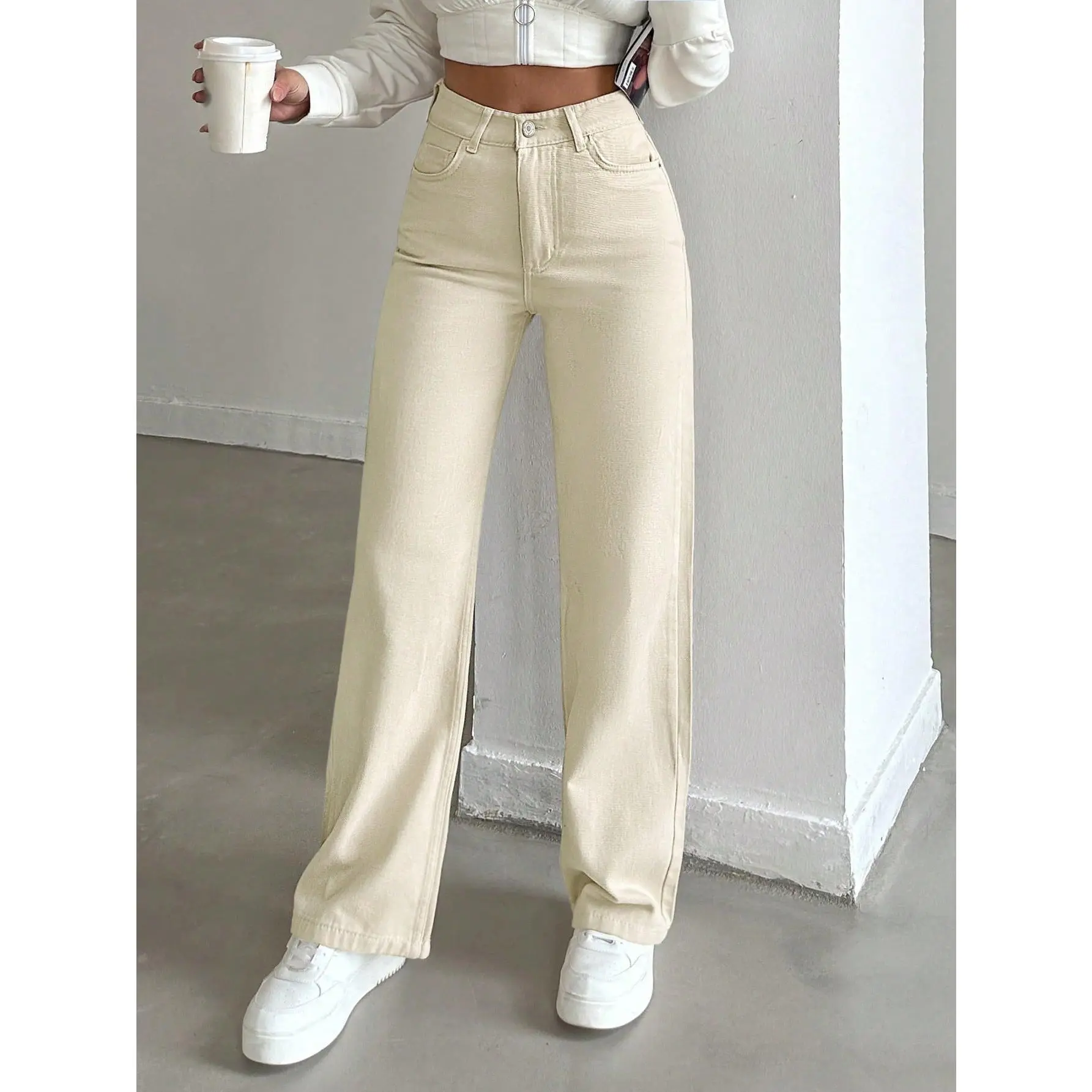 ​Women's Bottoms100%Cotton Women's Solid Color High Waist Straight Leg Jeans【S20】 Fit Womenswear Bottom Trouser Pants Denim Streetwear Comfort Pocket Fabric whale  tail  baggy  jeans
